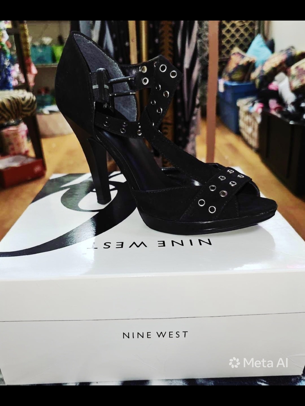 Brand New Nine West Suede Heat It Up Black Strappy Heels